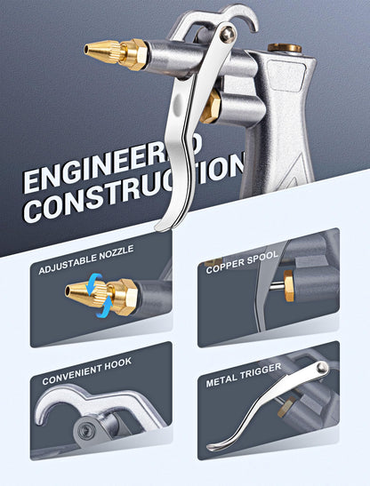 JASTIND Industrial Air Blow Gun with Brass Adjustable Air Flow Nozzle and 2 Steel Extension, Pneumatic Air Compressor Accessory Tool Dust Cleaning and Blower Gun