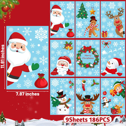 186PCS Christmas Decor, Christmas Window Clings, 9 Sheets Snowflake Window Stickers Decals with Santa Claus Snowman Reindeer, PVC Xmas Decorations Clings for Holiday Party Decorations Accessories