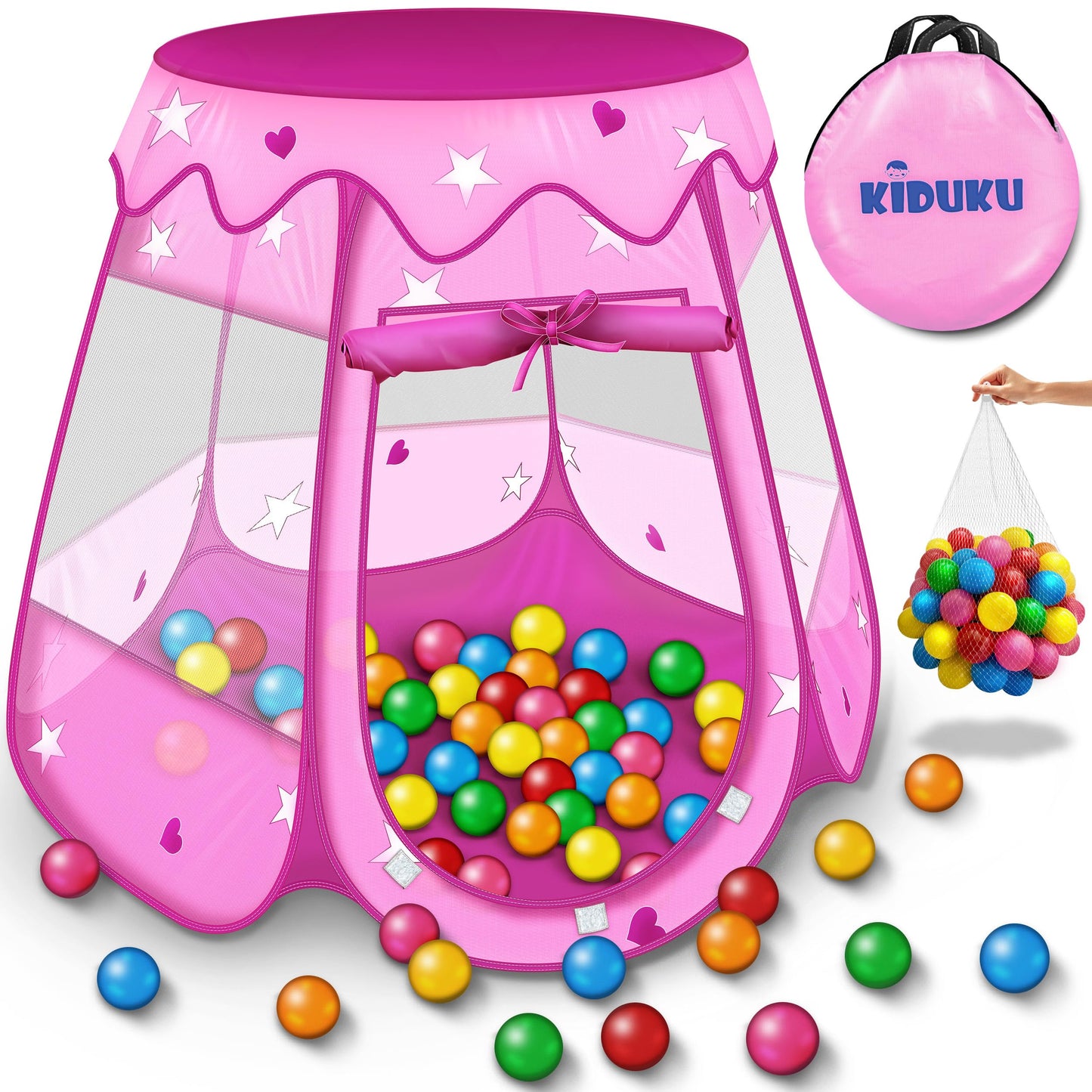KIDUKU® Childs Play Tent Pop-Up + 100 Balls + Carrying bag Play house Ball pool Castle for Indoor and Outdoor use 3 In 1 Playground for Children Baby Kids (Pink)