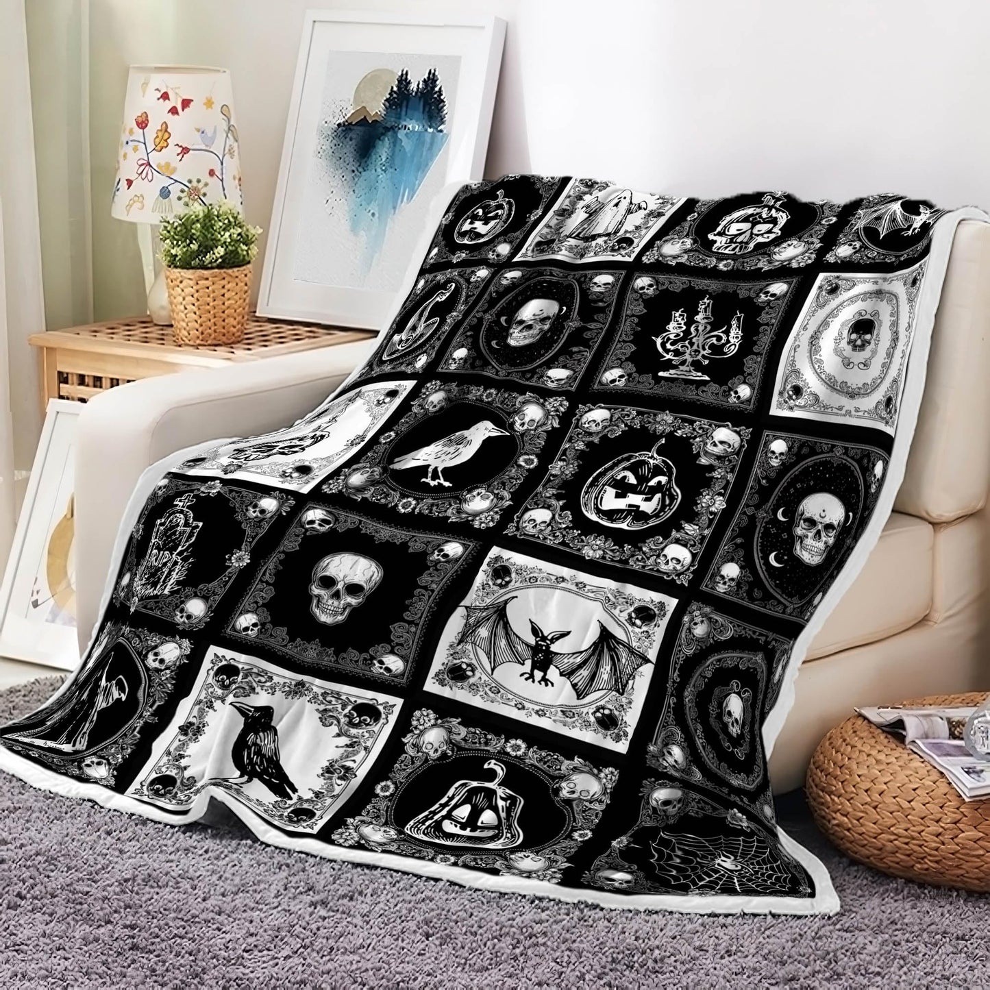 Halloween Throw Blanket, Gothic Black Pumpkin Bat Ghost Skull Webs Witch's Hat Checkered Horror Blankets, Warm Soft Spooky Nights Blanket for Home Living Room Sofa Couch Bed,50X60IN