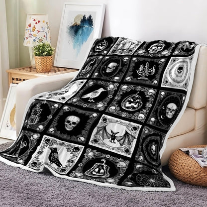 Halloween Throw Blanket, Gothic Black Pumpkin Bat Ghost Skull Webs Witch's Hat Checkered Horror Blankets, Warm Soft Spooky Nights Blanket for Home Living Room Sofa Couch Bed,50X60IN