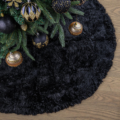 Faux Fur Christmas Tree Skirt,Large Luxury Tree Skirt with Snowflake Sequin, Christmas Decorations Holiday Thick Plush Tree Xmas Ornaments (Black, 24 Inch)