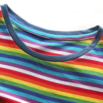 Rainbow T Shirt Women Striped Tee Crew Neck Short Sleeve Stripes Tops Fashion L