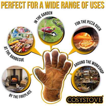 Cosystove Genuine Full Leather Heavy Duty Heat Resistant Gloves for Woodburner, Multi-Fuel Stoves Heavy Duty Safety Gauntlet Also for BBQs Pizza Ovens