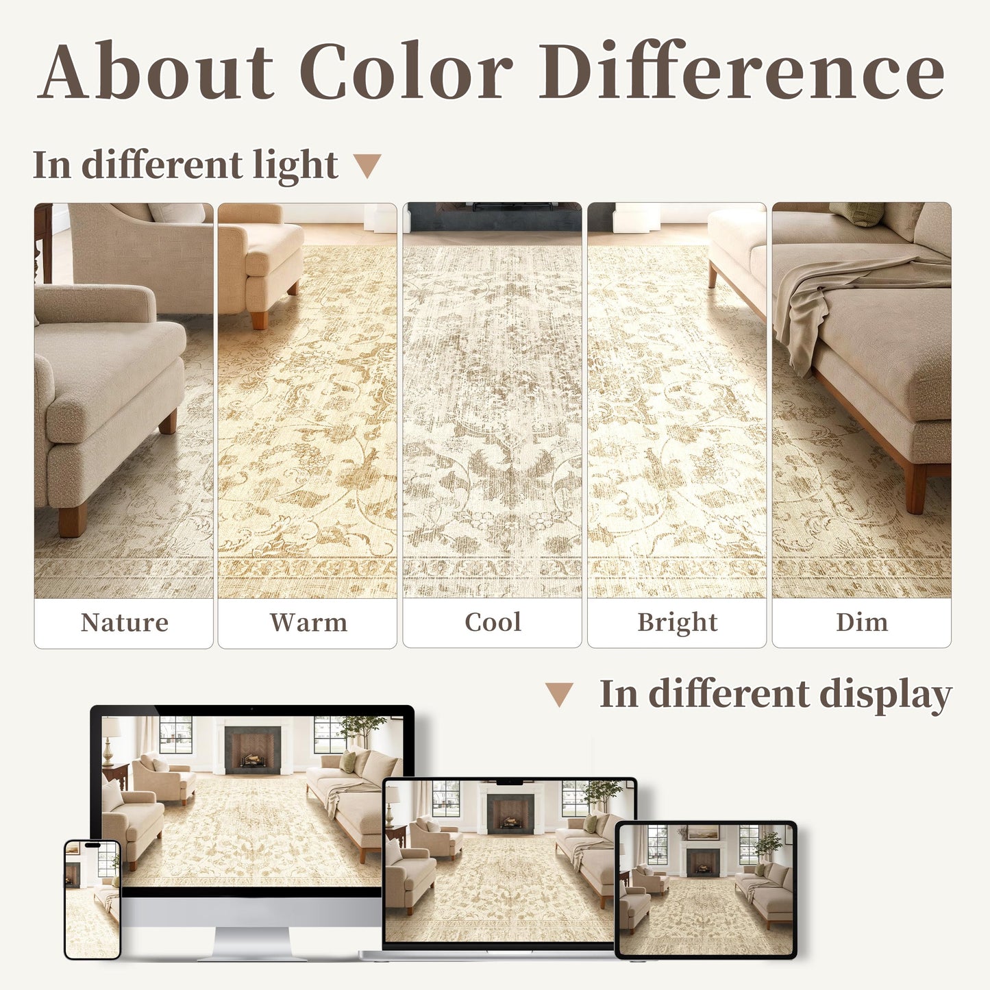 TTelephant Beige Washable Rugs 5x7, Neutral Vintage Boho Carpet for Bedroom, Living Room and Dining Room, Low Pile Nursery Area Rug with Non-Slip Silicone Backing, Non-Shedding