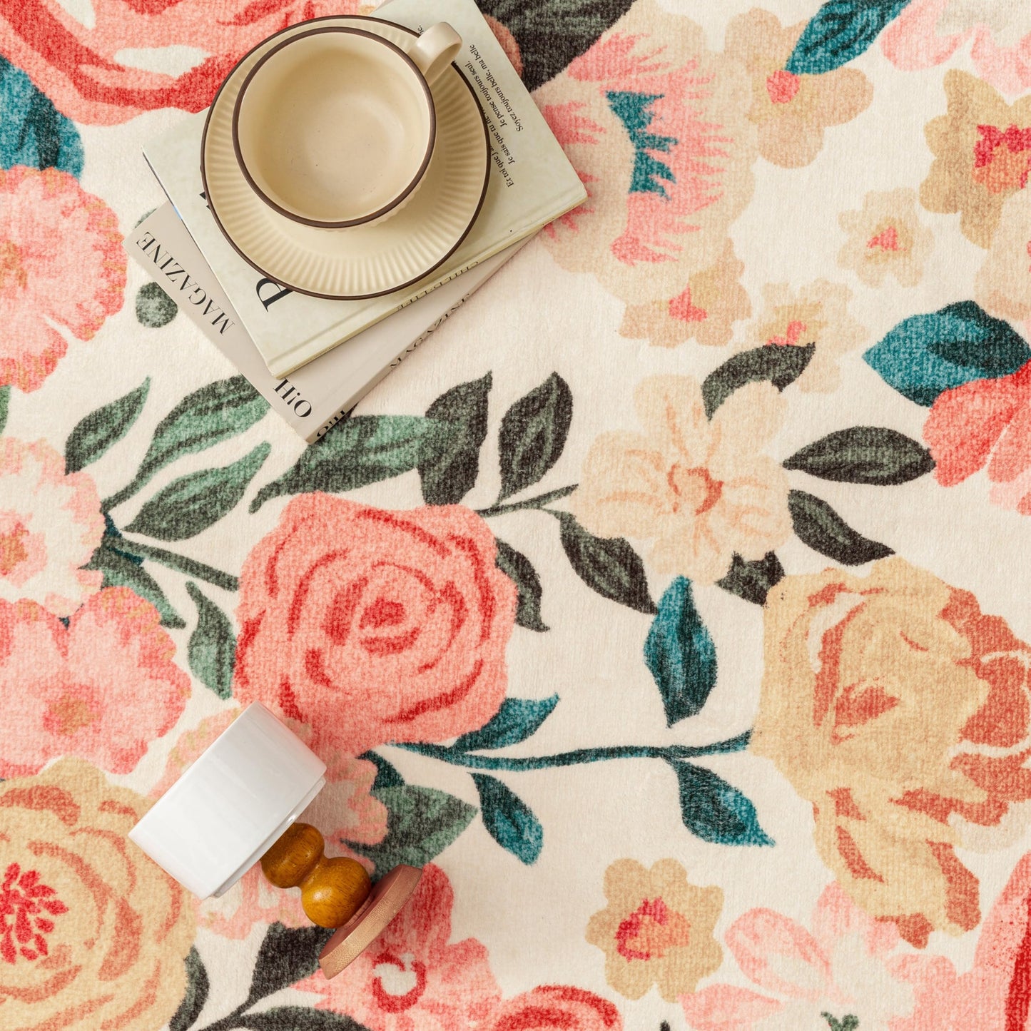 PureCozy Washable Floral Area Rug 6x9 Beige Living Room Large Carpet Bedroom Scalloped Flower Non Slip Soft Throw Rug Farmhouse Low Pile Thin Indoor Floor Cover for Dining Room Office