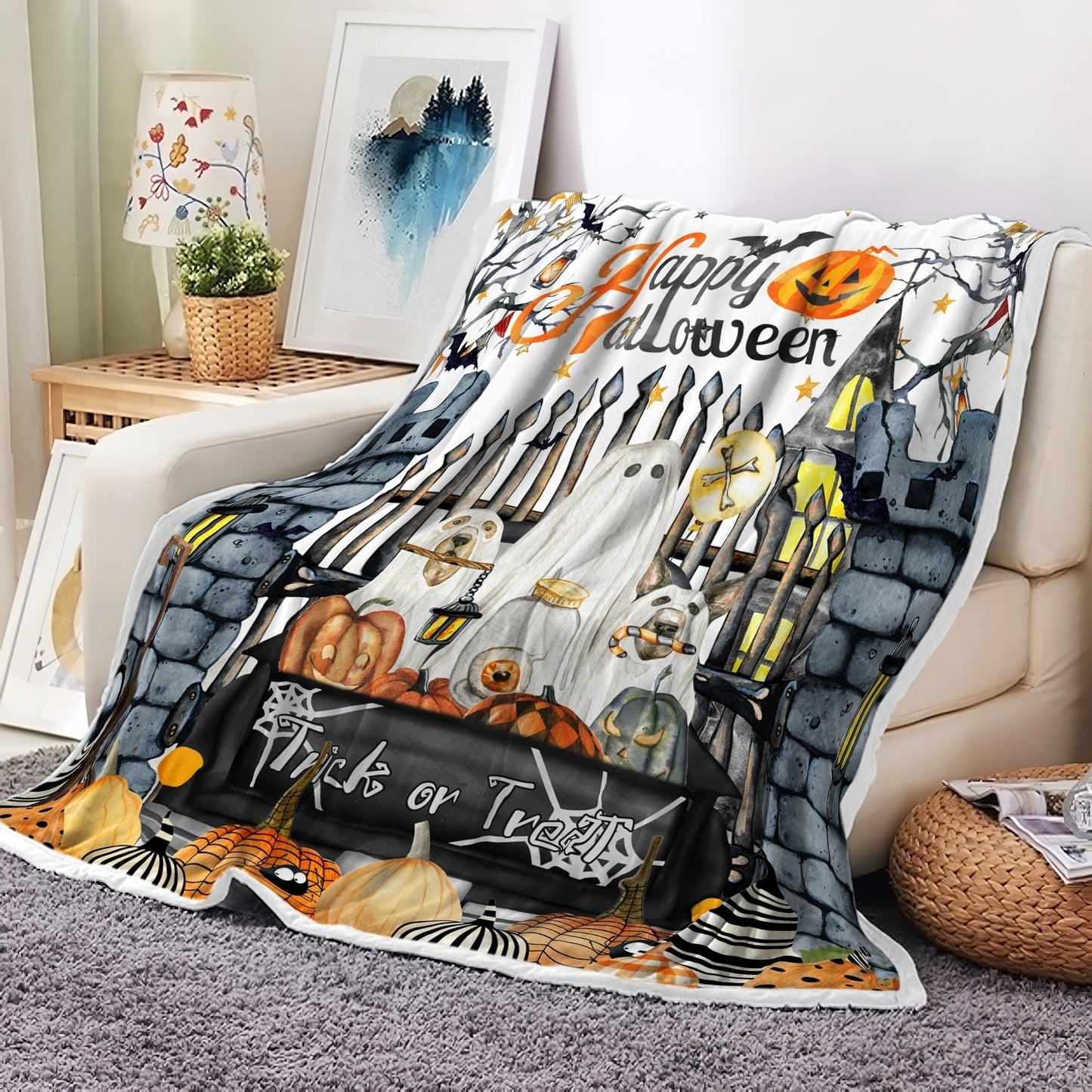 Halloween Blanket,White Ghost Pumpkin Bats and Spider Gothic Castle Terrorism Hallloween Throw Blanket,All Season Bed Couch Sofa Flannel Blanket,50X60 Inch.