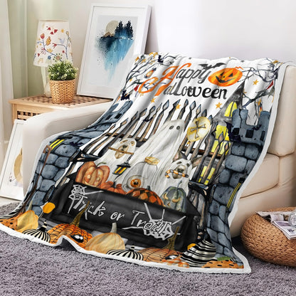 Halloween Blanket,White Ghost Pumpkin Bats and Spider Gothic Castle Terrorism Hallloween Throw Blanket,All Season Bed Couch Sofa Flannel Blanket,50X60 Inch.