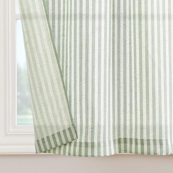 jinchan Tie Top Linen Kitchen Curtains 36 Inches Striped Tier Curtains Farmhouse Modern Cafe Style Small Window Treatments Airy Light Filtering Rod Pocket for Living Room Bathroom 2 Panels Sage Green