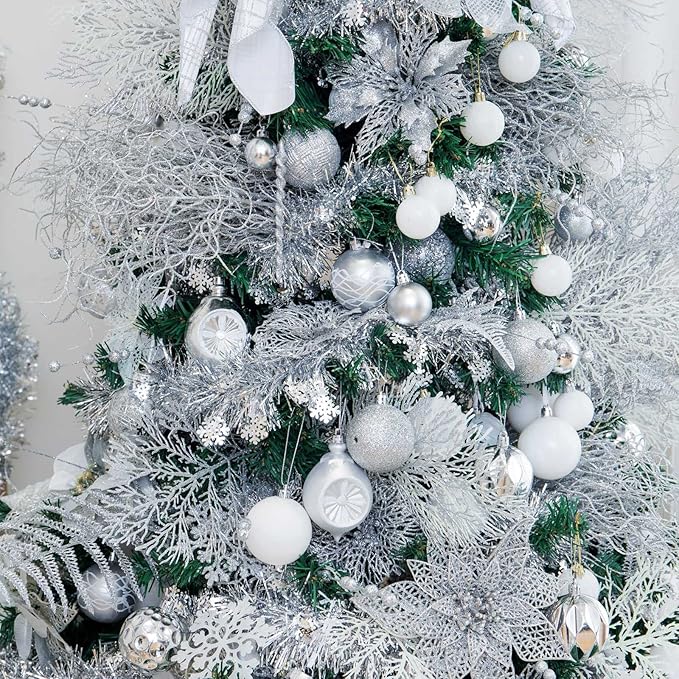 SY CRAFT 86 Pieces of Assorted Shatterproof Christmas Ball Snowflake Ornaments Seasonal Decorative Hanging Ornament Set with Hand-held Gift Package for Xmas Tree Decorations (86PCS, Silver)