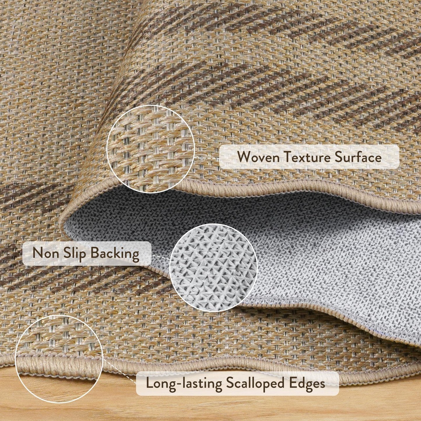LIVEBOX Scalloped Washable 5x7 Rug, Easy Jute Tan Rugs for Living Room, Indoor Geometric Rug for Bedroom, Outdoor Farmhouse Non-Slip Rug Dining Room Mat Modern Carpet Area Rug for Patio Home Office