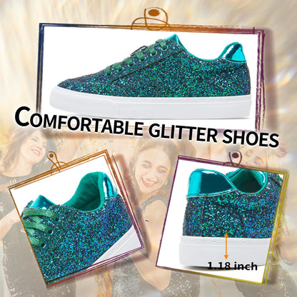 Jeekopeg Glitter Sparkly Fashion Sneakers Shoes Shiny Casual Shoes Bling Sequin Concert Low Cut Lace up Shoes(Green Glitter,8 Women/6.5 Men)