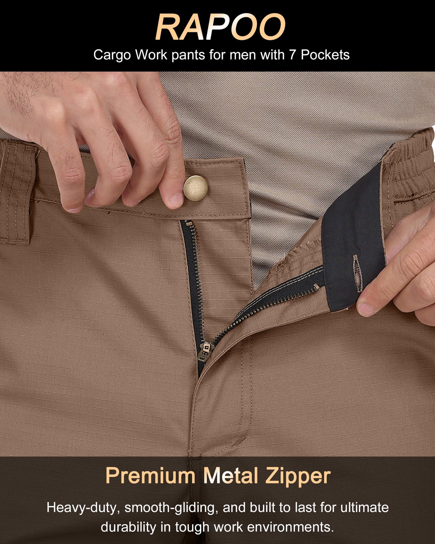 Rapoo Tactical Pants for Men Cargo Working Fishing Hiking Pants for Men with Pockets Mens Pants Brown 40Wx30L