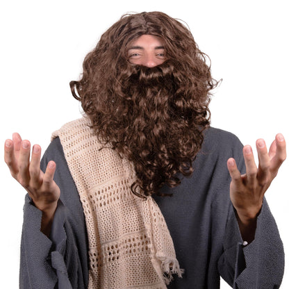 Kangaroo Jesus Costume for Men – Includes Brown Beard & Wig Set, Long Wig & Beard, Hagrid Wig Alternative, Funny Costume Gift, Christmas Stocking Stuffer
