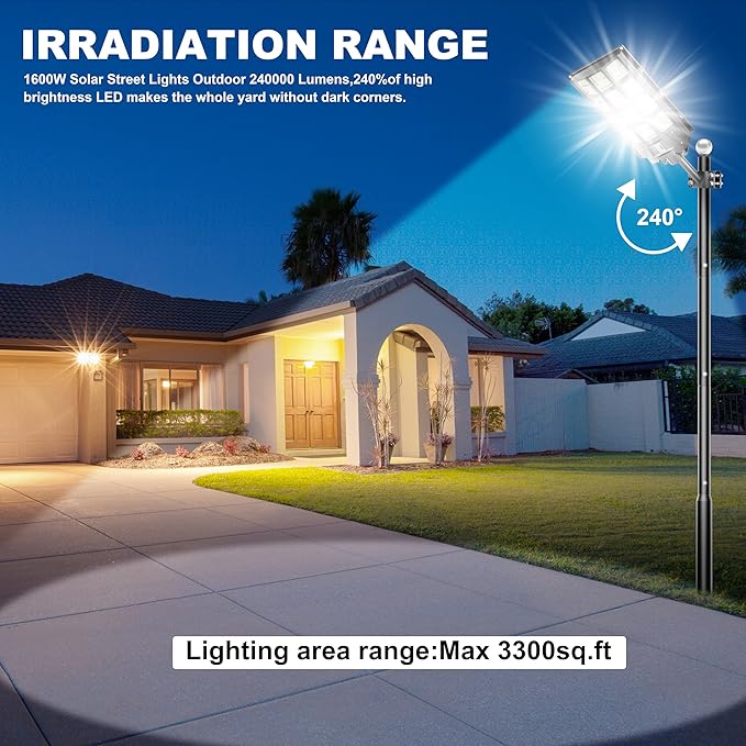 8000W Solar Solar Street Lights Outdoor Solar Lights Waterproof, 240000LM 7000K Solar Powered Paroking Lot Light Dusk to Dawn Motion Sensor, Solar Street Light 6-Pack