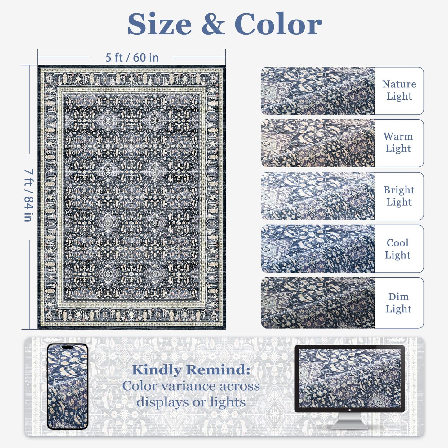 Jainmy Dark Blue 5x7 Area Rugs for Living Room Bedroom, Transitional Boho Moroccan Floral Trellis Printed, Washable Non Slip Low Pile Ultra Thin Soft Carpet Rugs for Dining Room/Kitchen/Home Office