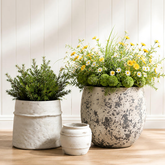 ShangDemonMaster Craft flowerpots 18"+13"+9" Dia Round Concrete Planter Set of 3 Large Outdoor/Indoor Planter Pots Containers with Drainage Holes and Rubber Plug for Home Garden (White, Large)