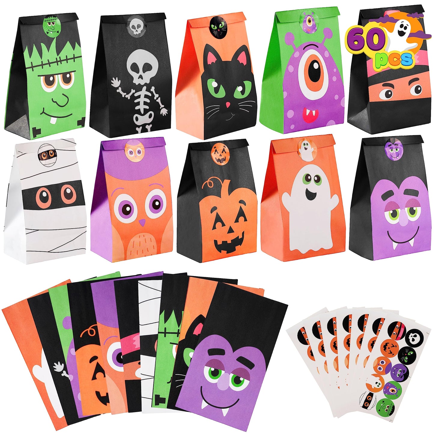 JOYIN 60 PCS Halloween Treat Bags, Goodie and Candy Bags with Stickers Party Supplies Trick or Treat for Kids Halloween Party Favors Exchange, Holiday Pastries Supplies