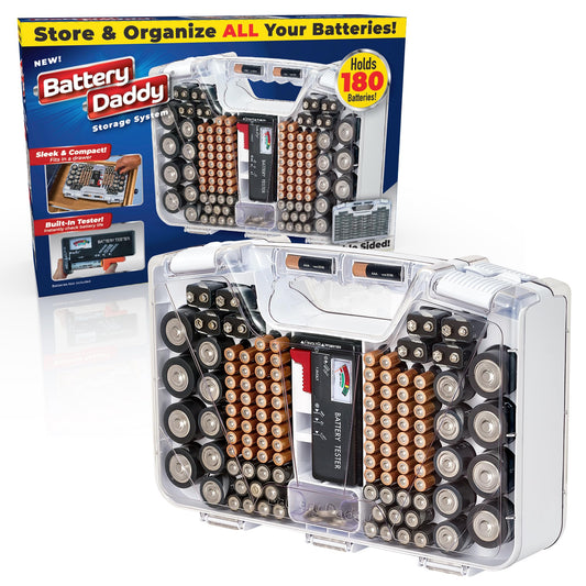 Battery Daddy Storage & Organizer Case with Tester, Stores & Protects Up to 180 Batteries, Double-Sided, Clear Locking Lid, Secure Latches & Portable Carrying Handle - White (Batteries Not Included)
