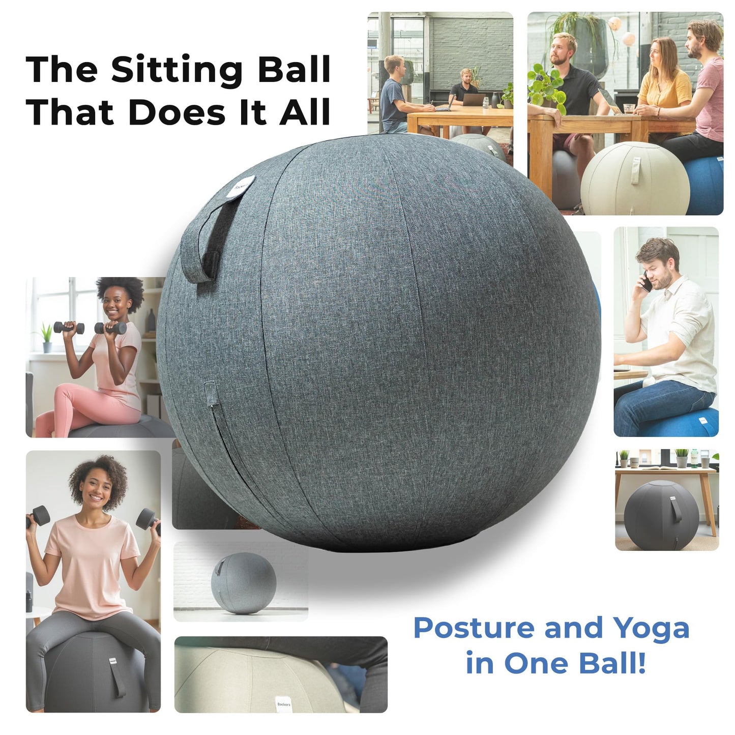 Backerz Balance Ball Chair for Office & Home - Ergonomic Exercise Ball for Posture & Back Pain Relief, Yoga Ball Chair - Sitting Ball with Washable Linen Cover