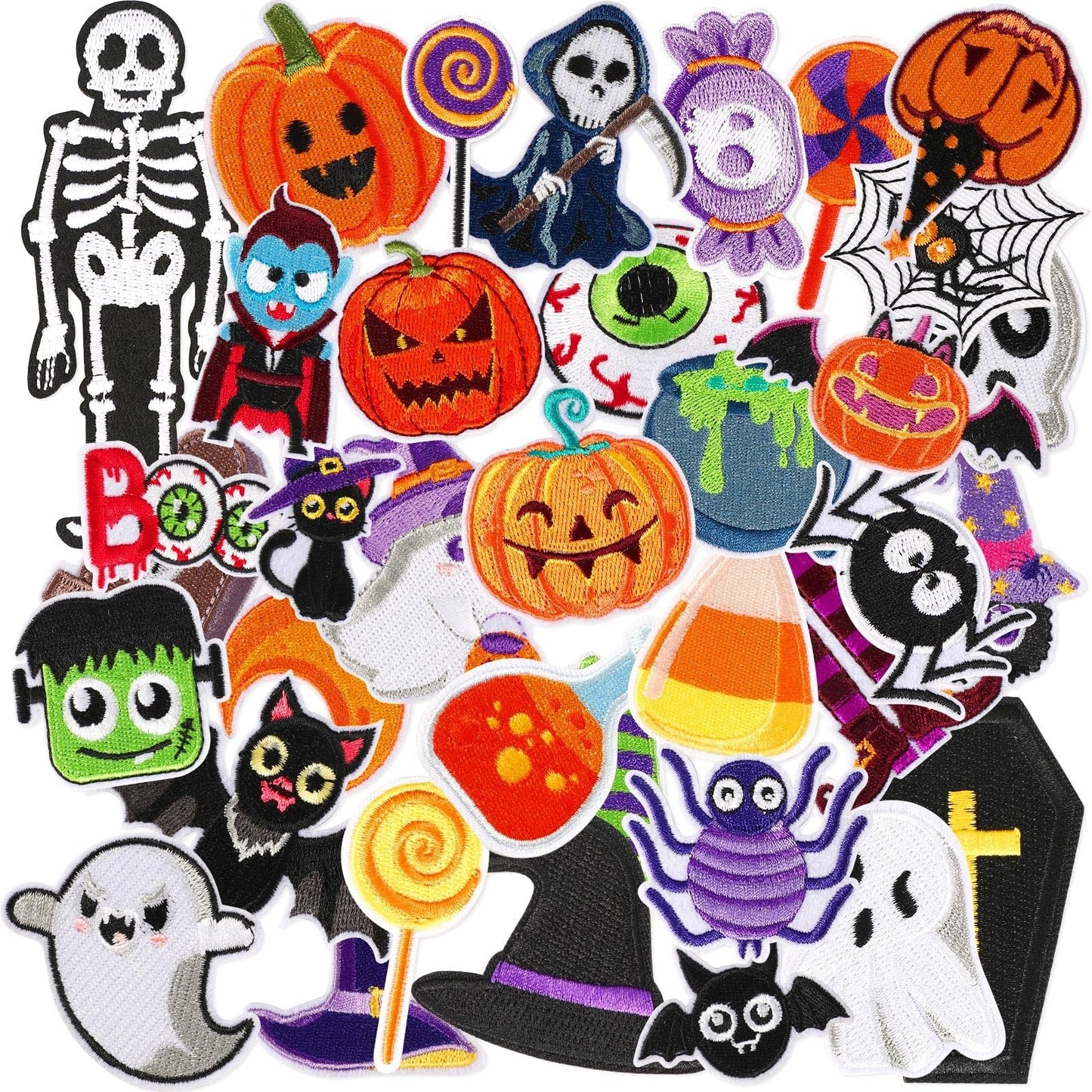 AUGSUN 60pcs Halloween Iron on Patches Random Assorted Halloween Embroidered Sew Applique Repair Patch Cute Skull Pumpkin Ghost Black Cat Witch Bats Patches for Clothing Jacket Dress Backpack Hat