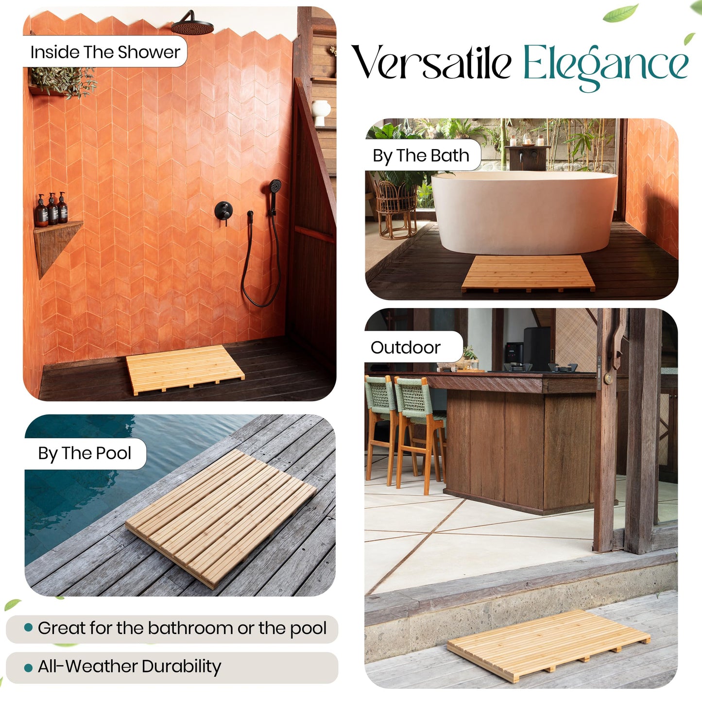 Large Natural Bamboo Bath Mat – Non-Slip Design Sauna Floor Mat, Secure Grip Pads, Water-Resistant Coating, Durable for Indoor/Outdoor Use, Bamboo Decor