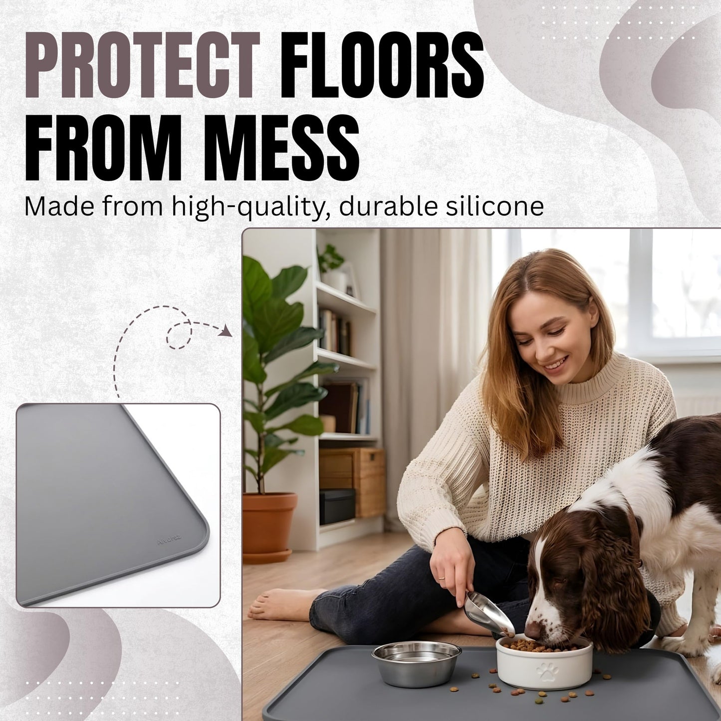Alvoraz Silicone Pet Feeding Mat 2 Pack 19 x 12 Inch Waterproof Dog & Cat Food Mat with Raised Edge, Non Slip BPA Free Dog Bowl Mat for Food and Water Bowls, Spill Proof Floor Protector (Grey)
