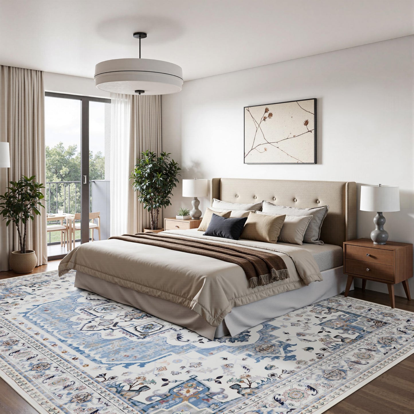 KENODITAN 9x12 Area Rug Living Room Rugs, Stain Resistant Washable Rug, Vintage Large Non-Slip Backing, Low Pile Lightweight Print Rug for Bedroom Dinning Room Home Office (White/Blue)