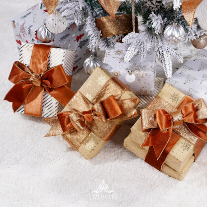LIZLOVESS Copper Velvet Wired Ribbon with Glitter Back 2.5 Inch Copper Christmas Ribbon Wired Reversible Ribbon for Christmas Tree, Gift Wrapping, Crafts, Wreaths Supplies, Topper Bows (10 Yards)
