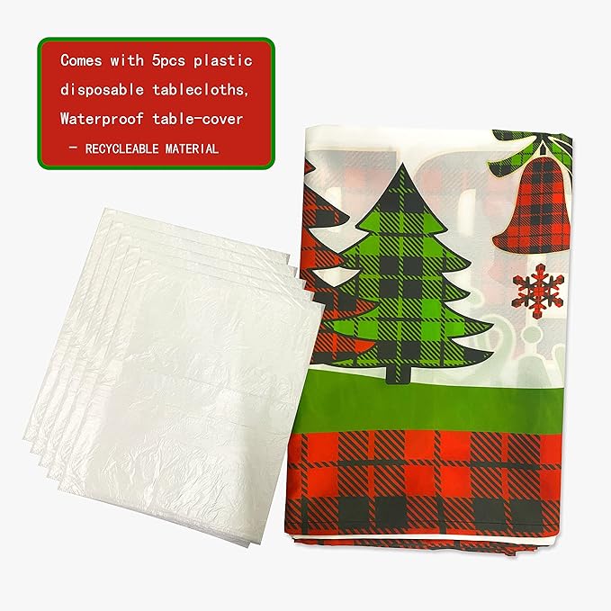 pinkblume 4.3x9Ft Christmas Tablecloth Rectangle Buffalo Plaid Xmas Tree Red Truck Joy Merry Christmas Sign Reindeer Snowflake Holly Berry Dining Table Cover for Holiday New Year Kitchen Decorations