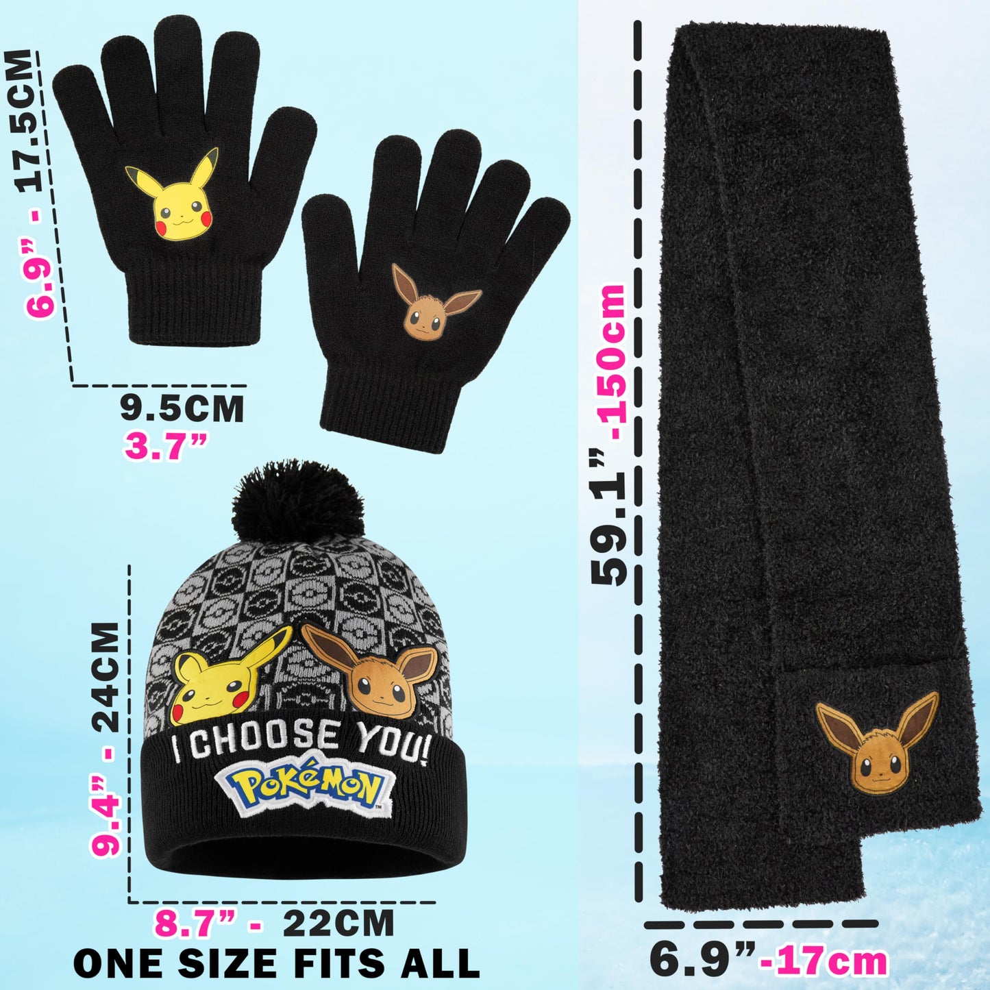 Pokemon Boys 3 Pcs Beanie, Gloves, and Scarf Set, Ages 5–12, Winter Accessories, Pikachu, Eevee, Cozy Gifts for Boys (6-14 Years, Black, 3 Pcs)
