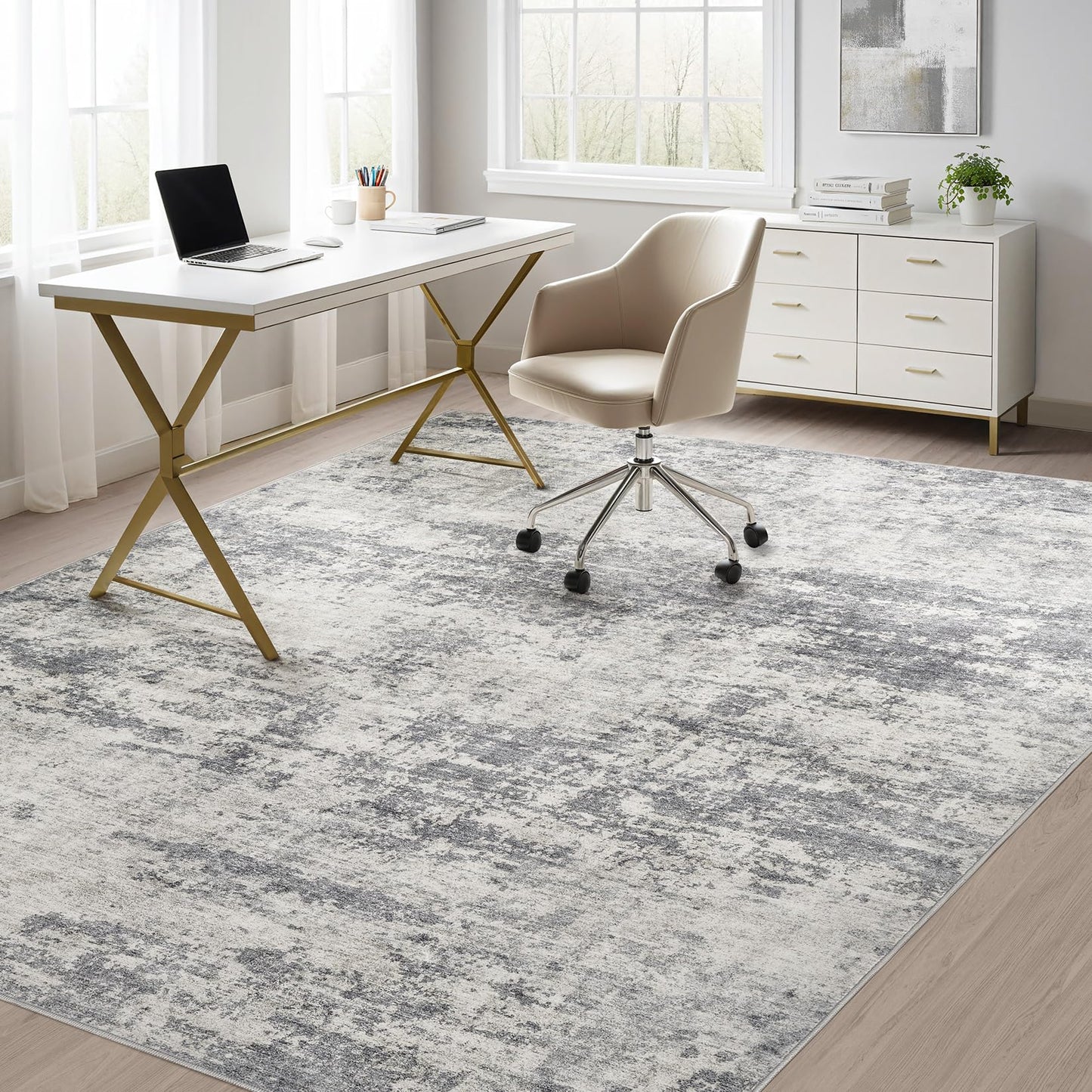 TARANCH Abstract 5x7 Area Rug: Machine Washable Non Slip Ultra Thin Low-Pile Carpet, Soft Stain Resistant for Living Room Bedroom Nursery, Kid Pet Friendly, Robot Vacuum Compatible - Dark Grey/Beige