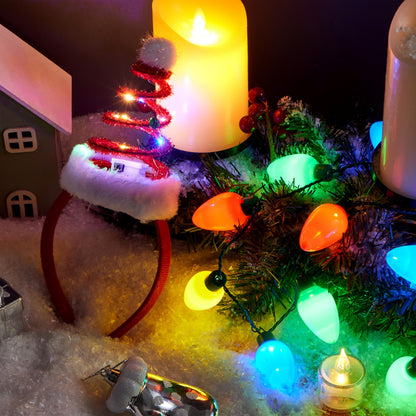 JOYIN 2 Pcs Christmas Lighted Necklace and Santa Hat Headband, Christmas LED Necklace with 9 Bulbs and Xmas Headwear for Holiday Perties Xmas Costume Accessories Party Favors