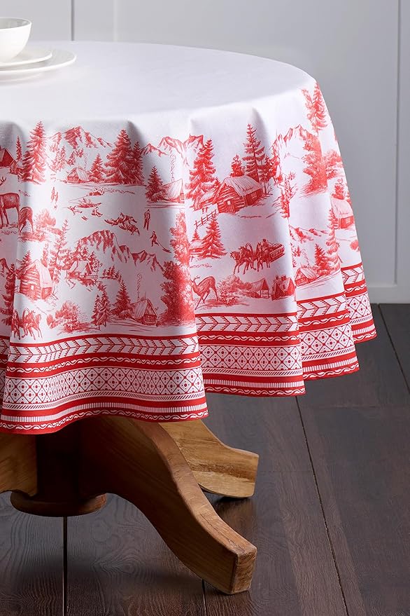 Maison d' Hermine Table Cloth Round Table 100% Cotton 63 Inches Fall Tablecloth Reusable Everyday Use for Thanksgiving Christmas Decorations Dining Farmhouse Party (Winter Jouy)