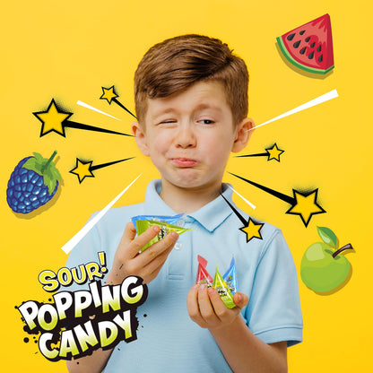 Sour Popping Rocks - 40 Count Bag - Sour Popping Halloween Candy Individually Wrapped - Assorted Fruit Flavors - Triangle Pouches - Blue Raspberry, Watermelon, Green Apple