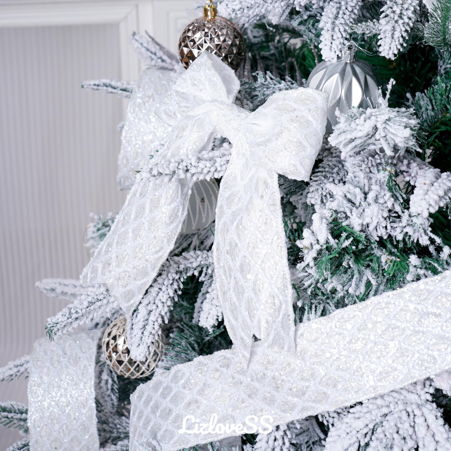 LIZLOVESS White Christmas Ribbon 2.5" Glitter Mesh Wired Ribbon for Christmas Tree White Diamond Honeycomb Ribbon for Gift Wrapping, Crafts, Wreath Supplies, Garland, Tree Topper Bows - 10 Yards
