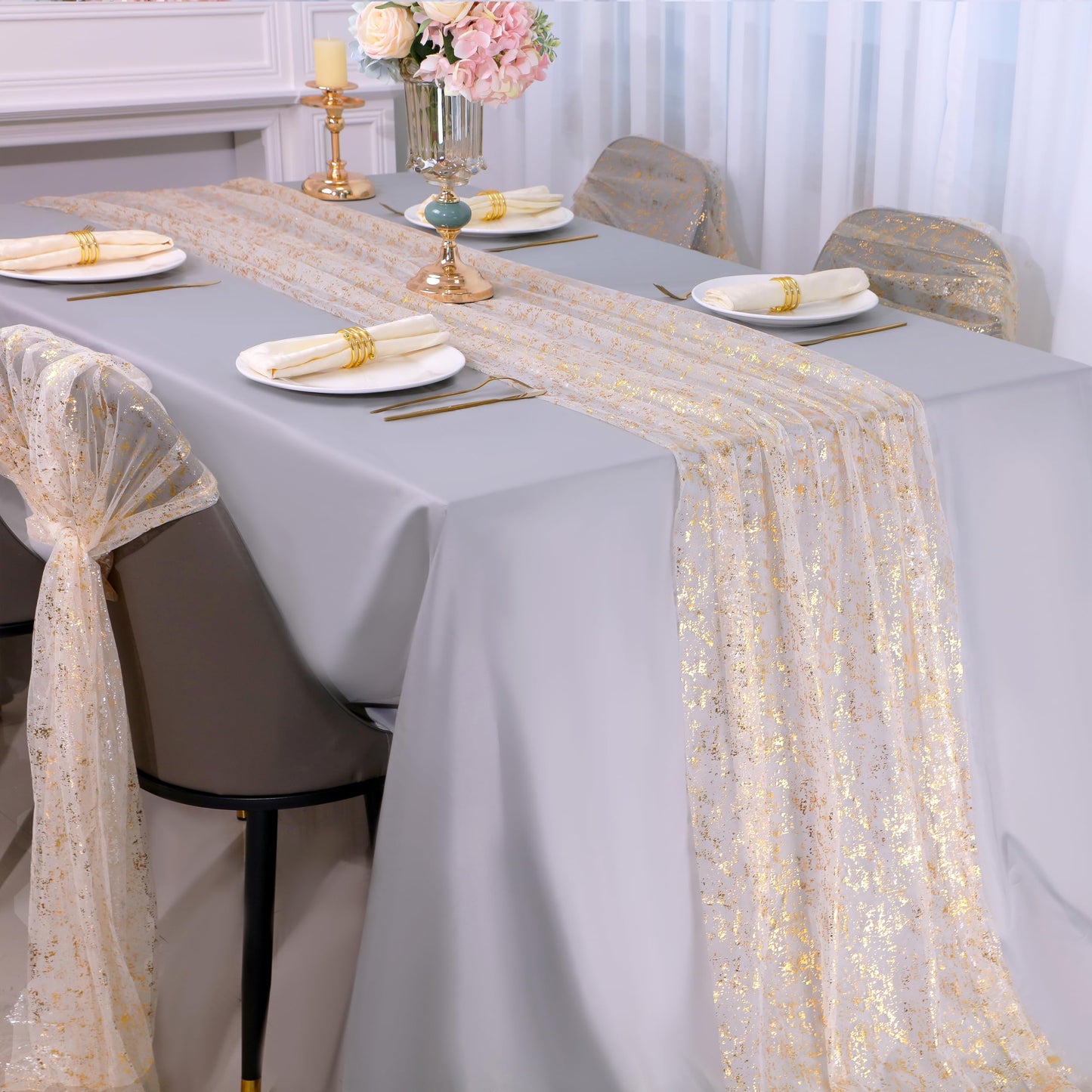 Snowkingdom 10 Ft Gold Table Runner, Sheer Gauze Chiffon Tulle Cheesecloth Sequin Glitter Metallic Foil, Table Decorations for Home Wedding Anniversary Party Birthday Holiday Christmas Thanksgiving