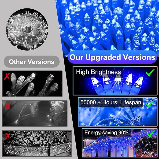 504 LED Fairy lights for Bedroom, 50ft Christmas Window Lights with 112 Drops 12 Modes, Dimmable Curtain Lights, String Lights Indoor Outdoor for Holiday Wedding Party Home Xmas Decorations, Blue