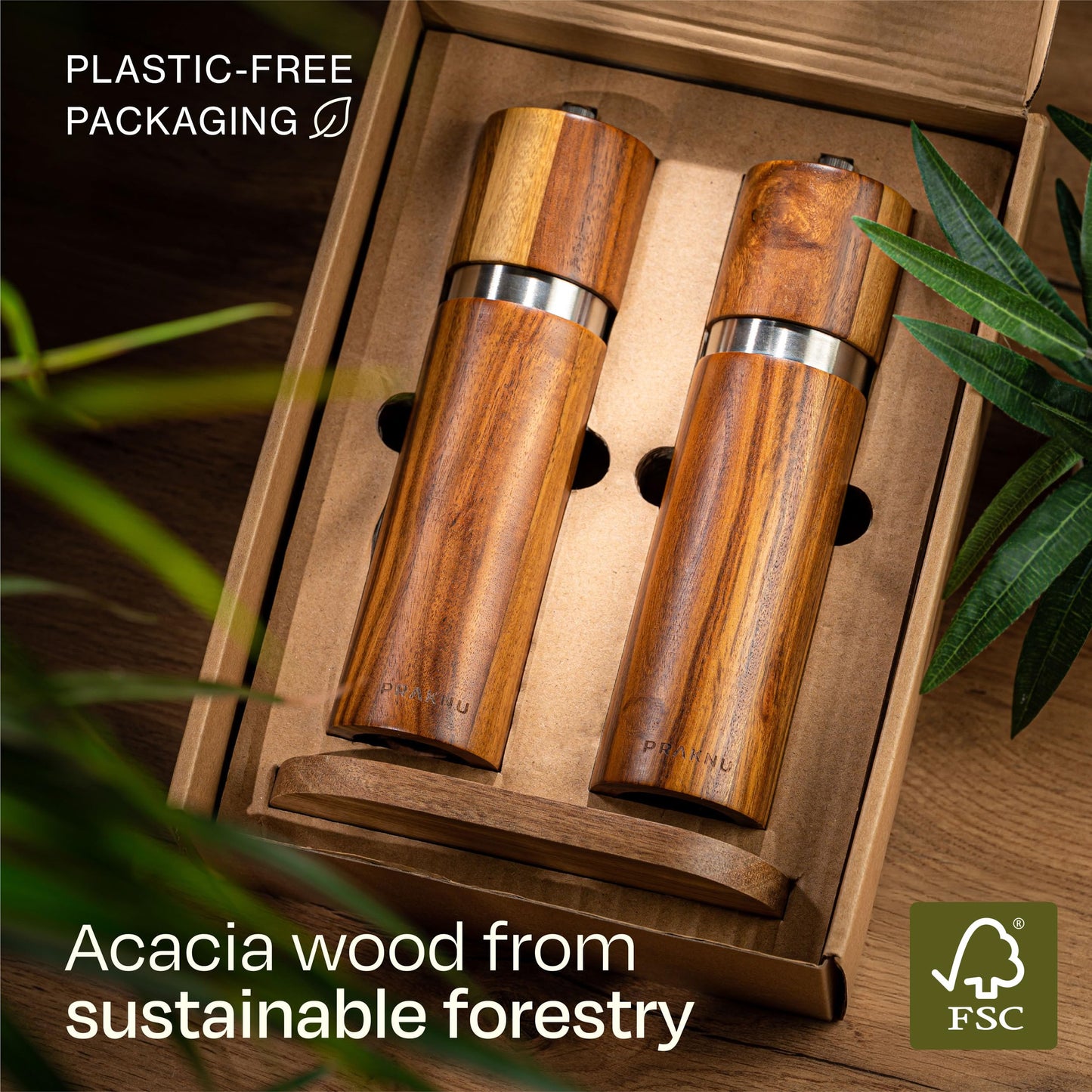 Salt and Pepper Mill Set with Tray - Made from FSC® Acacia Wood - Durable Ceramic Grinder - Plastic-Free