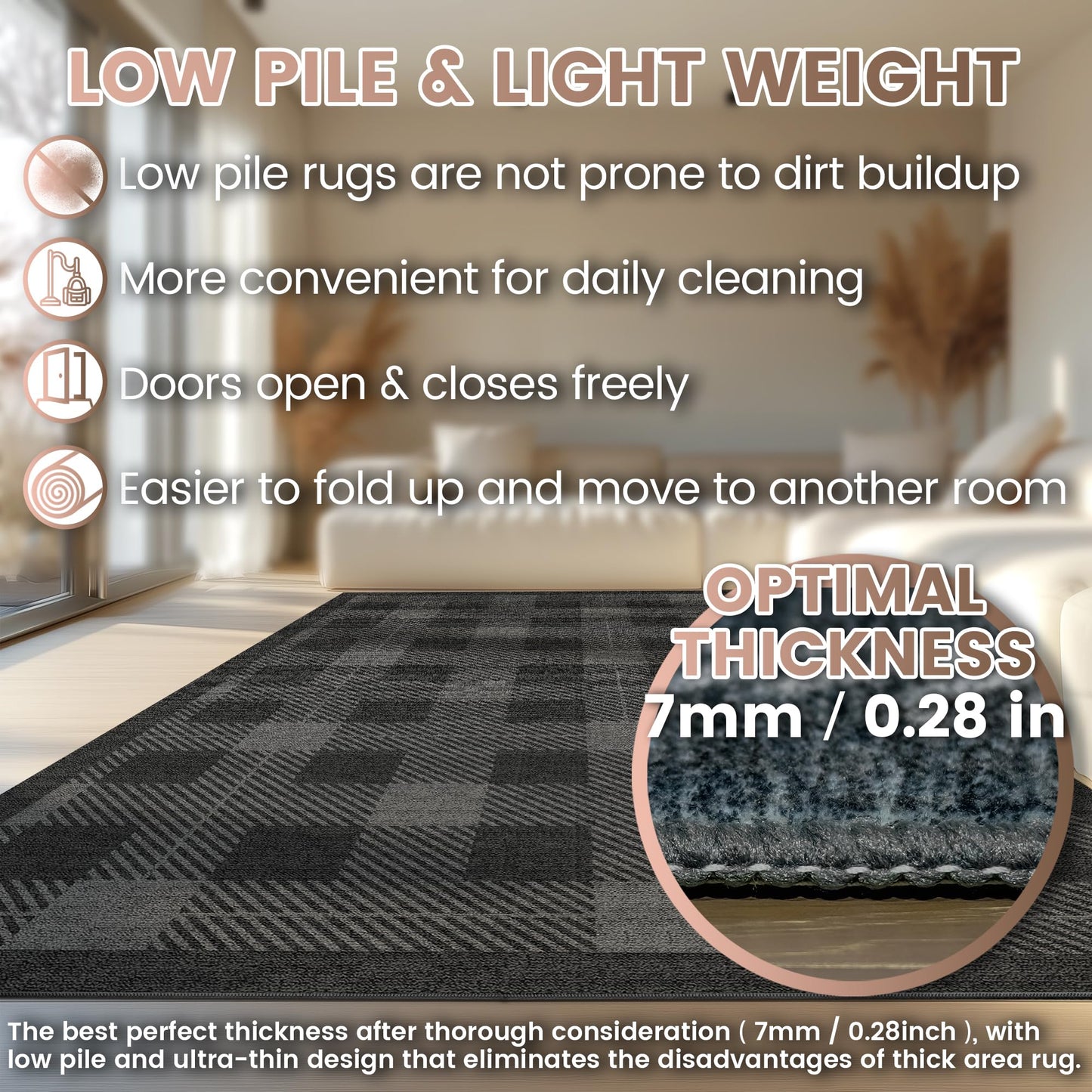Washable 5x7 Checkered Rug for Living Room, Black Grey Checkerboard Modern Minimalist Large Foldable Area Rugs, Ultrathin Low Pile Soft Nonslip Indoor Carpet for Office Bedroom Playroom Classroom Dorm