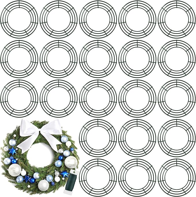 Fovths 24 Pack Christmas Wire Wreath Ring 14 Inches Metal Wire Wreath Frame with Floral Wires Green DIY Floral Crafts for Xmas Halloween New Year Holiday Valentines Day Decor