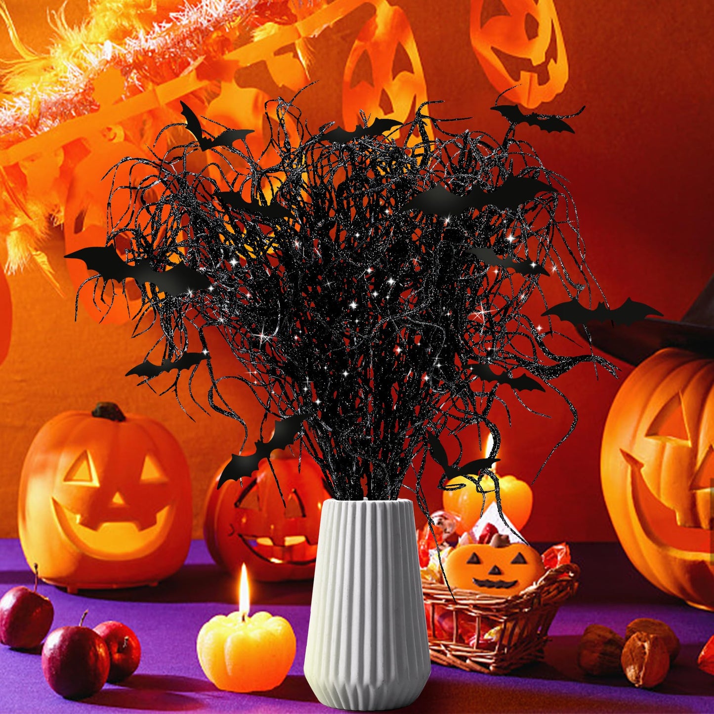 24 Pcs Halloween Artificial Curly Willow Branches with 12 Pcs Bats- Fake Black Bat Halloween Branches Picks- Glitter Artificial Black Twig Stems Sticks for Holiday Tree Vase Home Decor