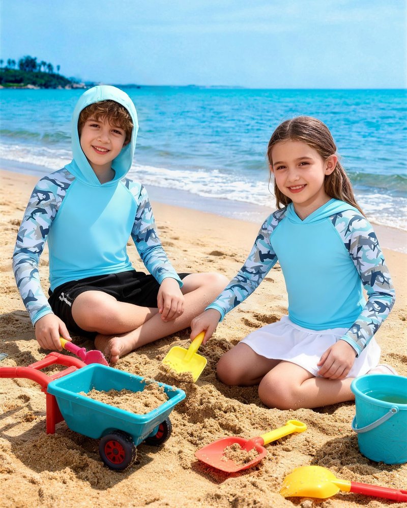 DRONIRING Boys Rash Guard Swim Hoodie, UPF 50+ UV Sun Protection Long Sleeve Fishing Shirt, Kids Youth SPF Water Shirts