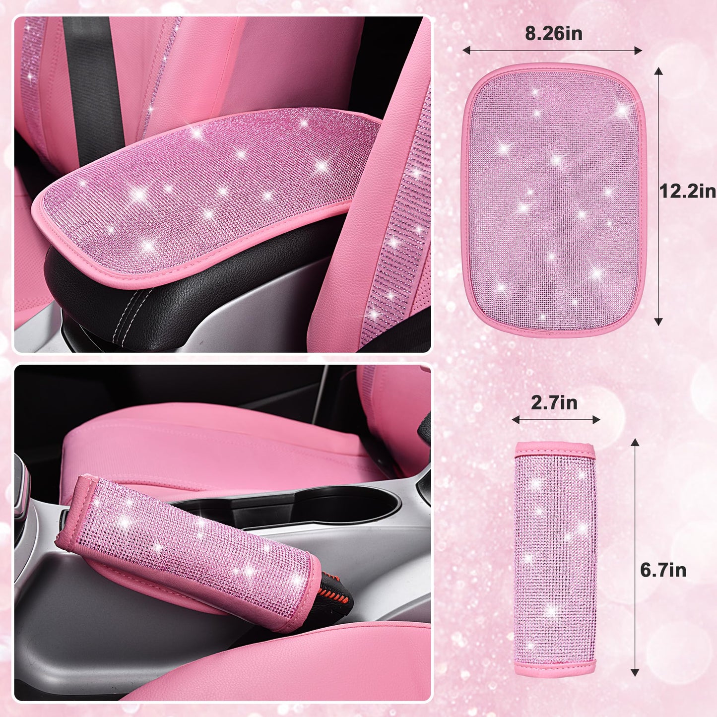 CAR PASS Bling Pink Car Accessories Set for Women, Sparkly Rhinestone Diamond Steering Wheel Cover Seat Belt Cushion Glitter Shift Knob Cover Car Cup Holder Coaster Cute Interior Sets, Pink 22 PCS