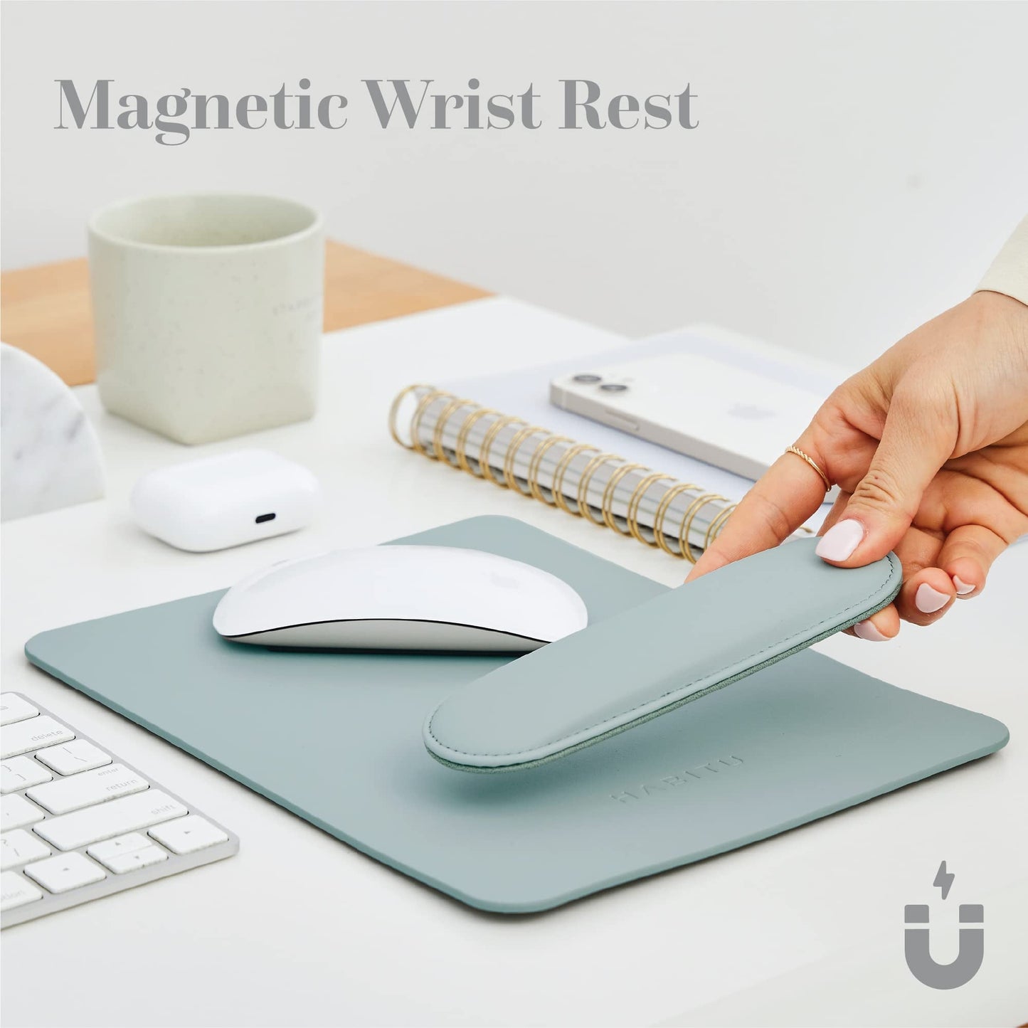 HABITU Vegan Leather Sage Green Mouse Pad with Removable Magnetic Wrist Support & Anti-Slip Base, Ergonomic Mouse Pad with Wrist Rest, Cute Office Desk Accessories for Women and Men