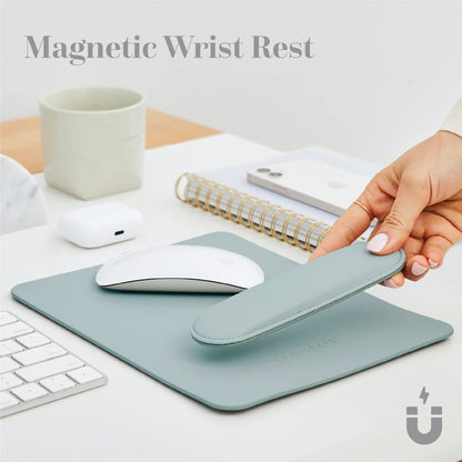 HABITU Vegan Leather Sage Green Mouse Pad with Removable Magnetic Wrist Support & Anti-Slip Base, Ergonomic Mouse Pad with Wrist Rest, Cute Office Desk Accessories for Women and Men