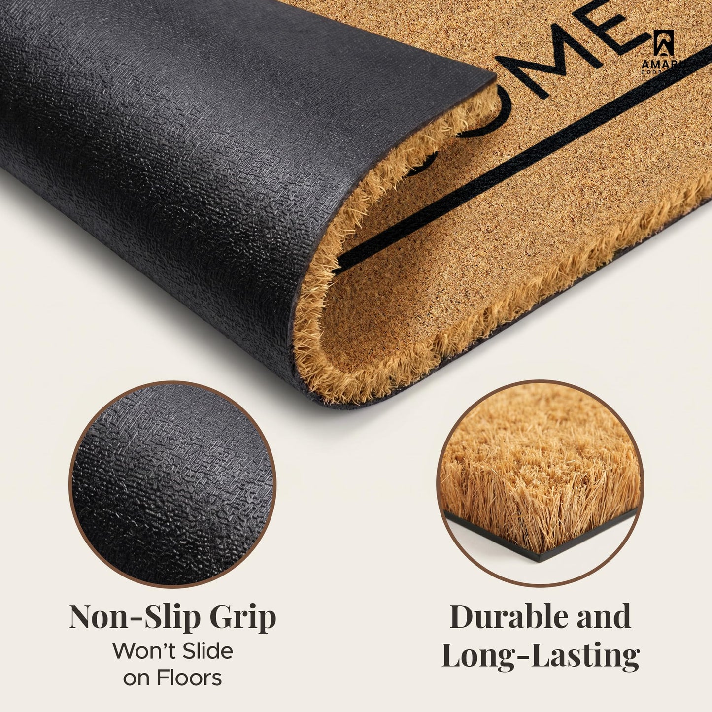 AMARU DOOR MATS - Natural Coir Door Mat, Minimal Shedding, Heavy Duty Non-Slip Welcome Mat for Front Door, Outside Entrance, Porch & Entryway (17x29, Welcome 7)
