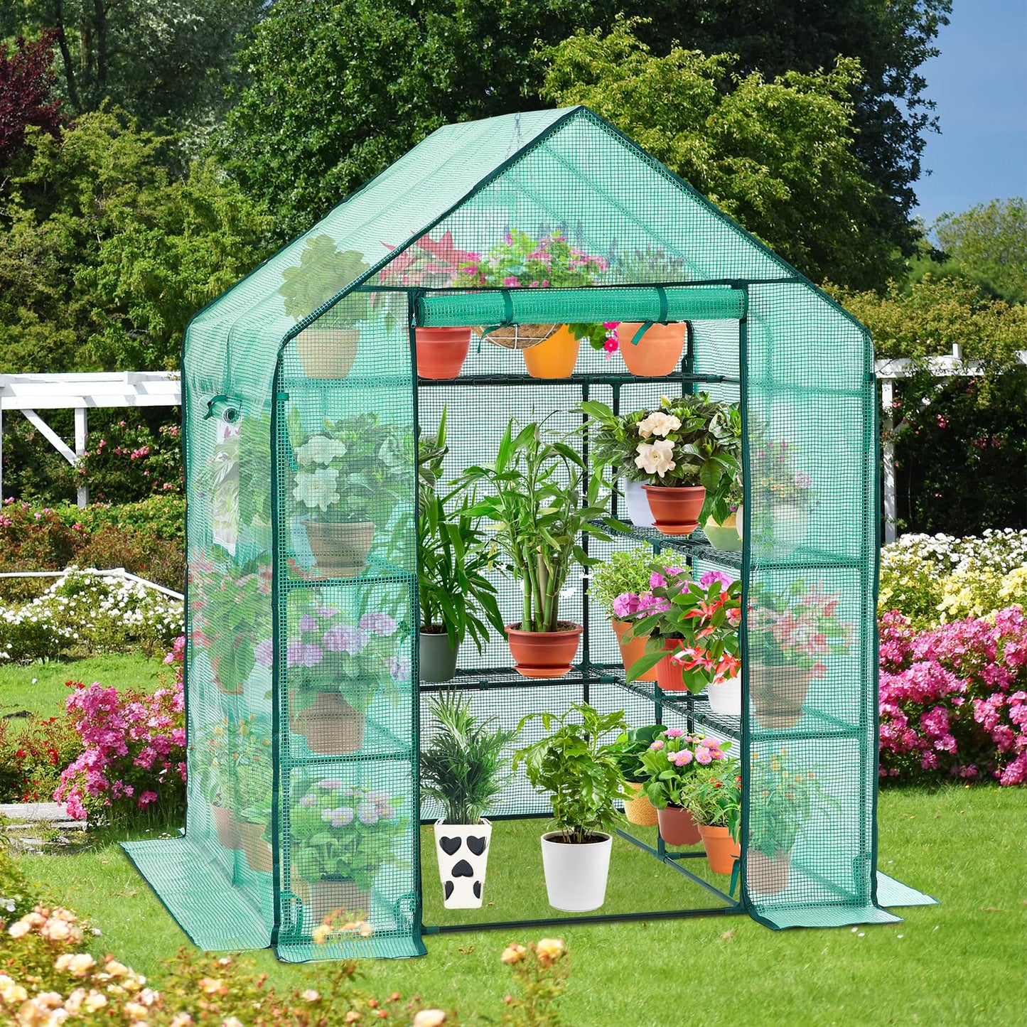 Greenhouse for Outdoors with Screen Windows, Ohuhu Upgraded 4 Tiers 11 Shelves Walk-in Greenhouses with Durable PE Cover, Outside Garden Plastic Green House with Ground Pegs & Ropes for Stability