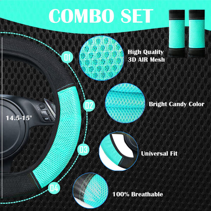 CAR PASS 3D Air Mesh-100% Breathable Seat Covers Full Sets, Steering Wheel Cover,Belt Cover, Airbag Compatible for Automotive SUV Truck Black Mint