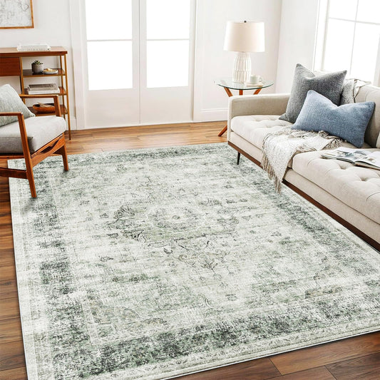 CHAMPLANT Area Rug 6'x9' Washable Floral Green Vintage Traditional Floor Cover Thin Retro Kitchen Indoor Distressed Non Slip Carpet for Living Room Bedroom Dining Room